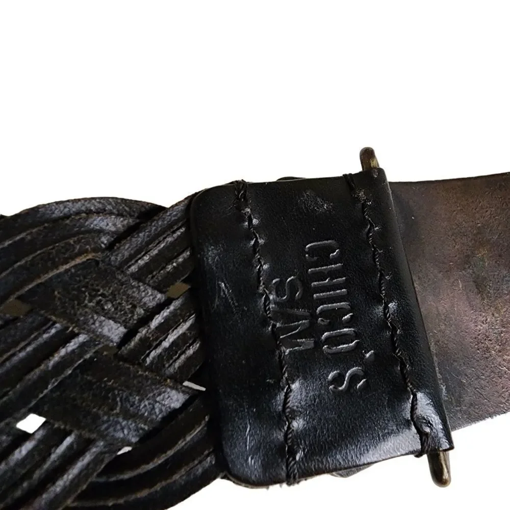 Chico’s- Black Braided Leather Ornate Rising Sun Big Buckle Medallion Belt, S/M